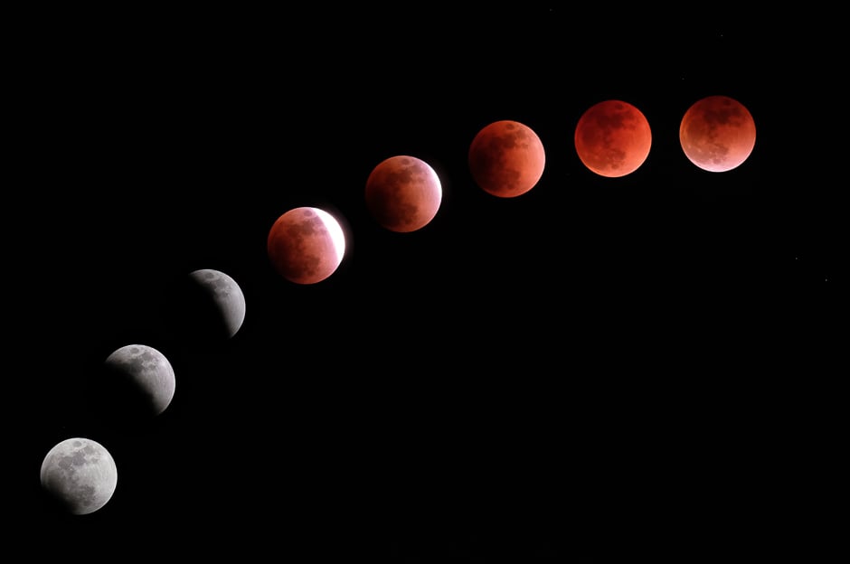 A composite image shows the moon during a lunar eclipse referred to as the 