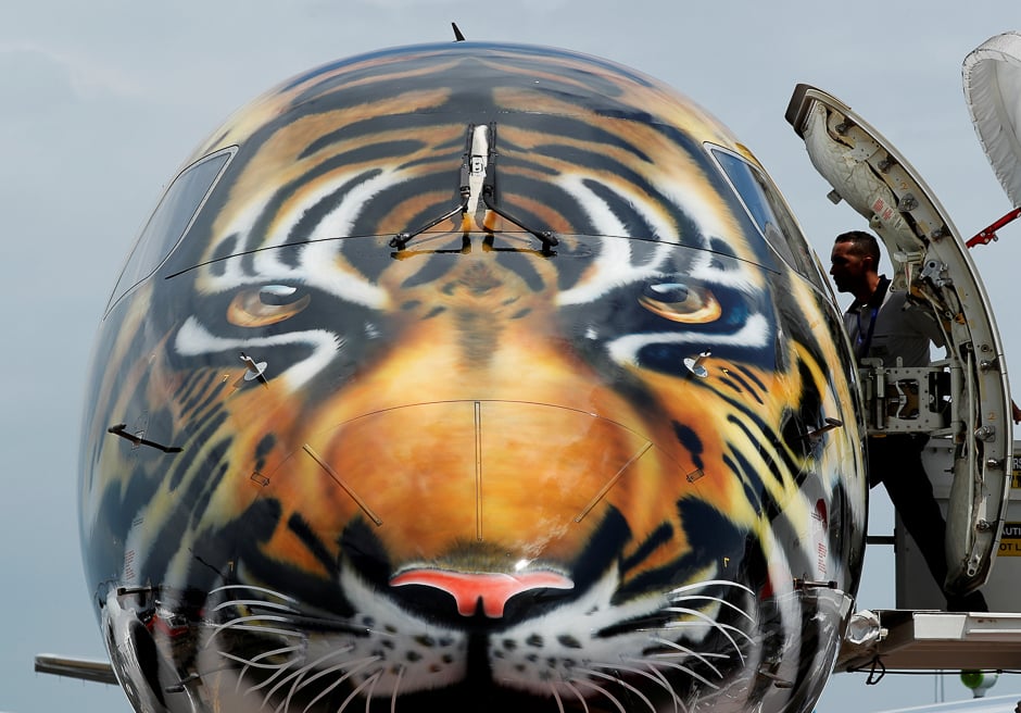 An Embraer E-190 E2 aircraft featuring a spray painted tiger's face on the nose of the aircraft is displayed during a media preview of the Singapore Airshow. PHOTO: REUTERS