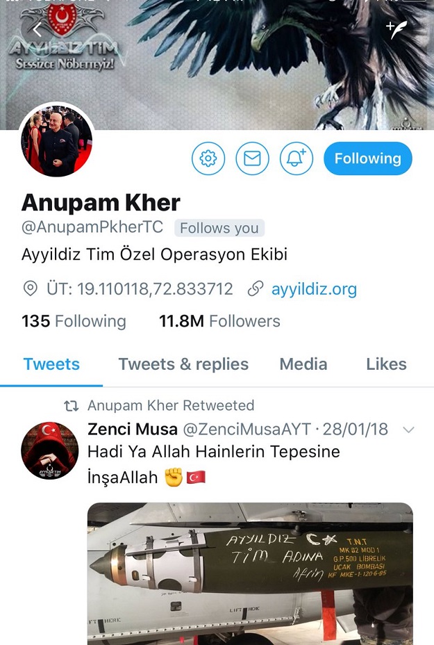 Twitter account of Anupam Kher before being reportedly restored.