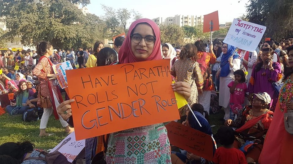 Activist holds placard that pokes fun at gender issues being a social construct - Photo Courtesy Aurat March 