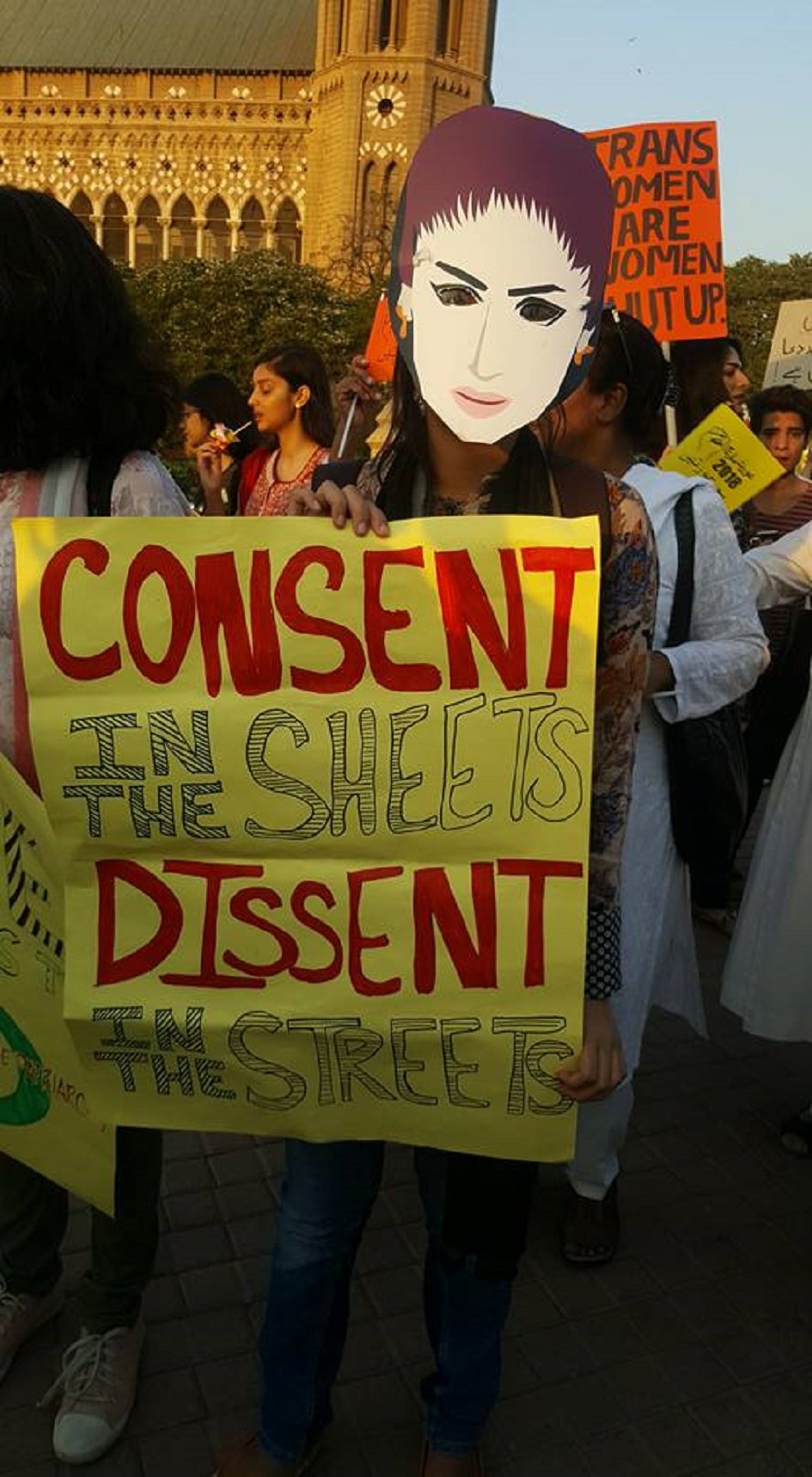 Campaigner wearing a Qandeel Baloch mask calls for consent to be respected and dissent to be nurtured - Photo Courtesy Hija March
