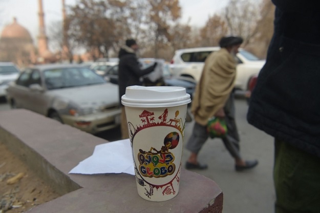 File photo of coffee cups from Najibullah Sharyari's coffee cart in Kabul, January 8, 2018. PHOTO: AFP/ File