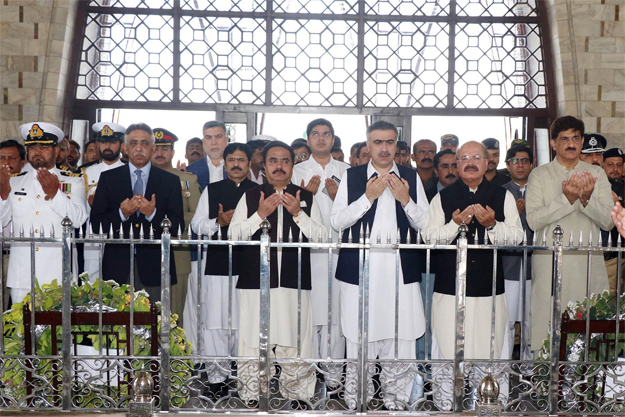 Governor Mohammad Zubair, Chief Minister Murad Ali Shah and provincial ministers, including Manzoor Wassan, Sohail Anwar Siyal and Mumtaz Jakhrani, visited Mazar-e-Quaid early in the morning. PHOTO: ONLINE