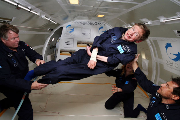 In this file photo taken on April 26, 2007 and released by Zero G, British cosmologist Stephen Hawking experiences zero gravity during a flight over the Atlantic Ocean. 