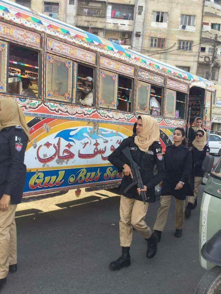 Officers checked buses after complaints that male passengers were sitting in the women's section. PHOTO: COURTESY SHO GHAZALA PERVEEN