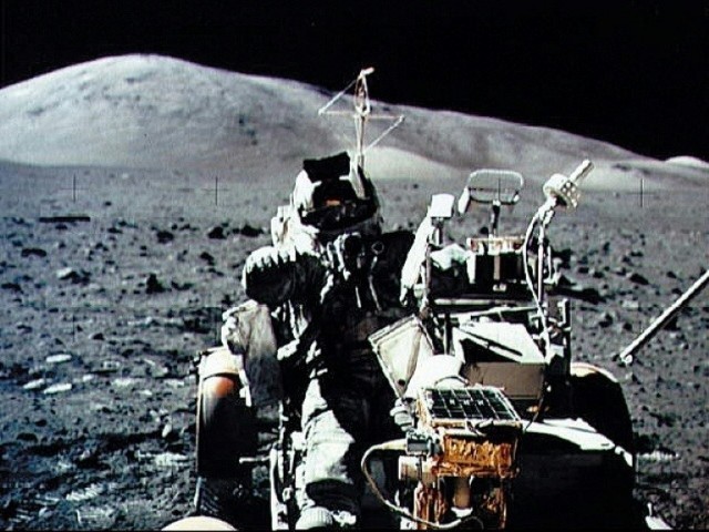 A NASA picture taken by US crew commander Eugene A Cernan during the Apollo 17 mission on December 13, 1972 shows astronaut and geologist Harrison H Schmitt seated in the Lunar Roving Vehicle on the surface of the moon. PHOTO: AFP