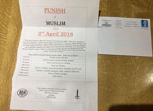 The letter, pictured, was sent to people in London, the Midlands, and West Yorkshire and declared April 3 the 'Punish A Muslim Day'. PHOTO: Daily Mail 
