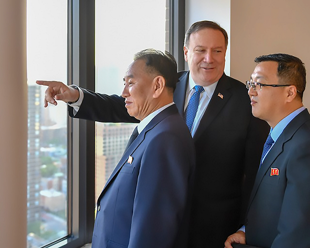 this handout photograph obtained courtesy of the us department of state shows kim yong chol l vice chairman of north korea during his meeting with us secretary of state mike pompeo c on may 30 2018 in new york the north korean senior official arrived in new york earlier on may 30 2018 for talks on salvaging a summit meeting between us president donald trump and north korean leader kim jong un photo afp