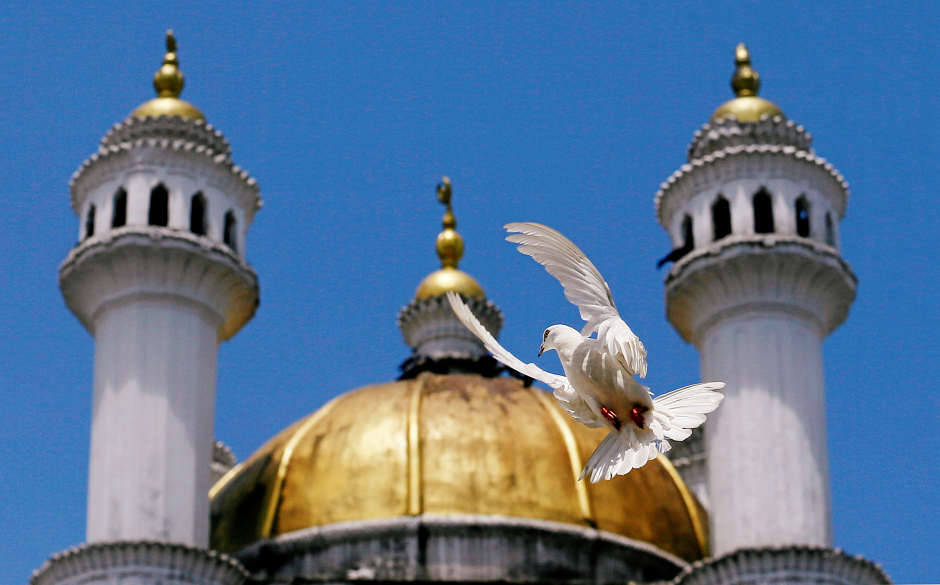 A white pigeon flies near a mosque in Colombo, Sri Lanka. PHOTO: REUTERS/ Dinuka Liyanawatte 