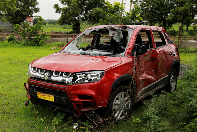 the car destroyed during the mob lynching attack which killed mohammed azam is seen parked at the police station in kamalnagar village in bidar photo reuters