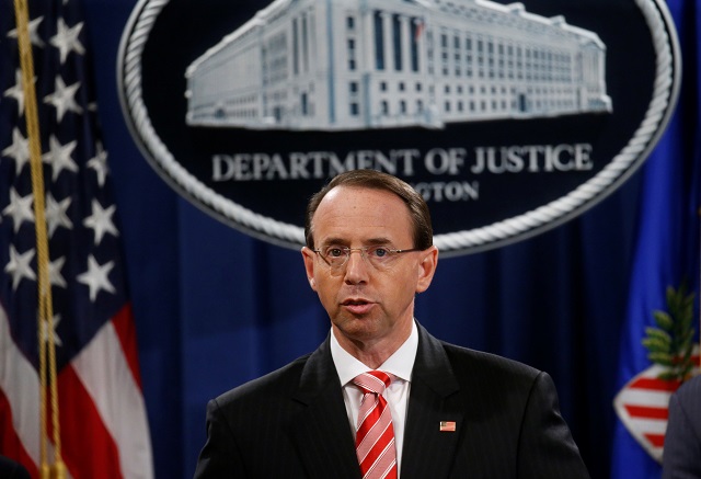 Deputy U.S. Attorney General Rod Rosenstein announces grand jury indictments of 12 Russian intelligence officers in special counsel Robert Mueller's Russia investigation, during a news conference at the Justice Department in Washington, US, July 13, 2018.