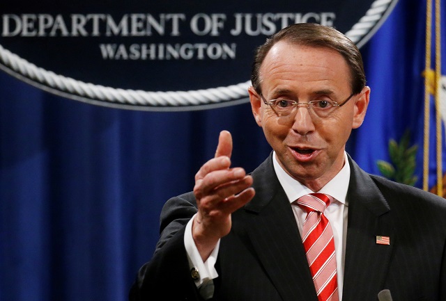 Deputy U.S. Attorney General Rod Rosenstein announces grand jury indictments of 12 Russian intelligence officers in special counsel Robert Mueller's Russia investigation during a news conference at the Justice Department in Washington, US, July 13, 2018. PHOTO: REUTERS