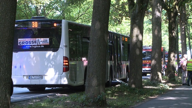 A public service bus stands in Kuecknitz near Luebecknorthern Germany, after several people were injured in the bus in an assault by a man wielding a knife on July 20, 2018. PHOTO: AFP