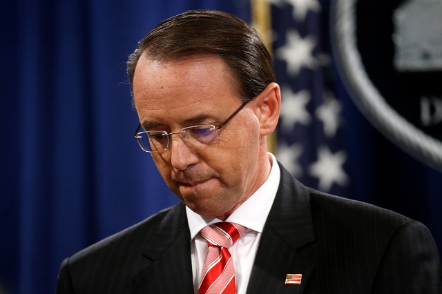  Deputy U.S. Attorney General Rod Rosenstein pauses while announcing grand jury indictments of 12 Russian intelligence officers in special counsel Robert Mueller's Russia investigation, during a news conference at the Justice Department in Washington, US, July 13, 2018. PHOTO: REUTERS