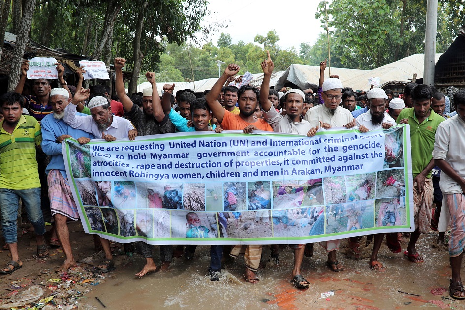 Rohingya refugees in a protest at the Kutupalong refugee camp to mark the one year anniversary since the crackdown. PHOTO: REUTERS