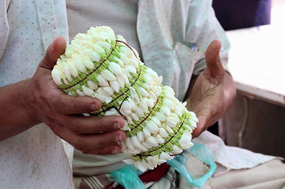 A vendor sells Arabian Jasmine garlands for decoration in the Northern district of Abs in Yemen's Hajjah province on August 16, 2018, ahead of Eidul Azha. PHOTO:AFP