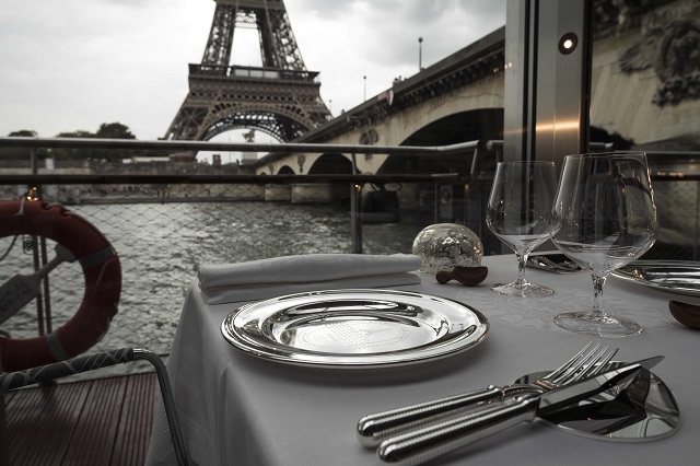 A dressed table is seen at French chef Alain Ducasse's new boat restaurant, the 