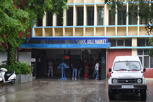 A Delhi police car is pictured inside the government school where a seven years old girl student was sexually assaulted, in New Delhi on August 10, 2018. PHOTO: REUTERS