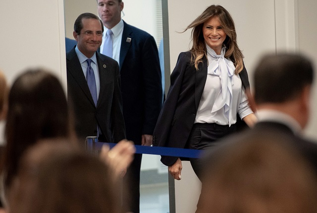US First Lady Melania Trump arrives alongside US Secretary of Health and Human Services Alex Azar (L) arrive for the Federal Partners in Bullying Prevention. PHOTO: AFP