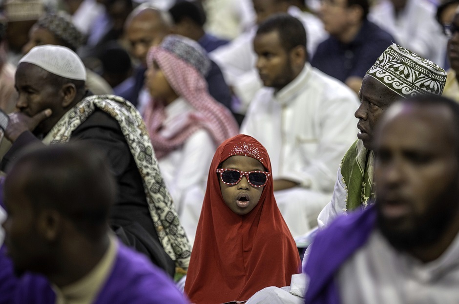 Muslims gather at the US Bank Stadium for Eidul Azha celebrations August 21, 2018 in Mnneapolis, Minnesotta. PHOTO:AFP