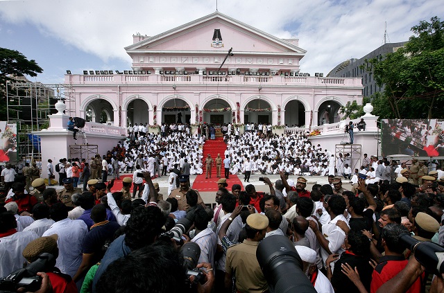 Supporters gather outside the Rajaji hall during the funeral of the Indian Tamil leader Muthuvel Karunanidhi in Chennai, India August. PHOTO: AFP