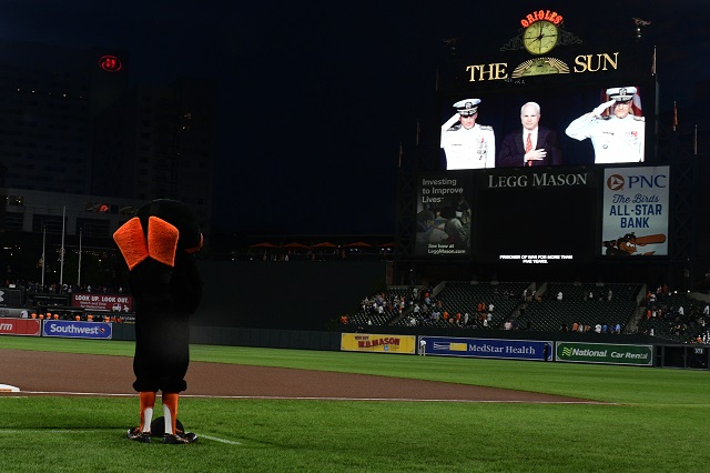 Aug 26, 2018; Baltimore, MD, USA; A tribute is paid to former United States Senator John McCain who past away yesterday prior to the game between the Baltimore Orioles and the New York Yankees at Oriole Park at Camden Yards. PHOTO: REUTERS