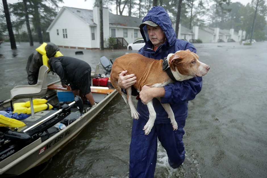 Volunteers from all over North Carolina help rescue residents and their pets from their flooded homes during Hurricane Florence September 14, 2018 in New Bern, North Carolina. Hurricane Florence made landfall in North Carolina as a Category 1 storm and flooding from the heavy rain is forcing hundreds of people to call for emergency rescues in the area around New Bern, North Carolina, which sits at the confluence of the Nuese and Trent rivers PHOTO: AFP