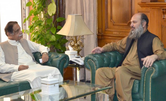 Balochistan Chief Minister Jam Kamal Khan in a meeting with MPA Jan Muhammad Jamali at the CM Secretariat. PHOTO: EXPRESS