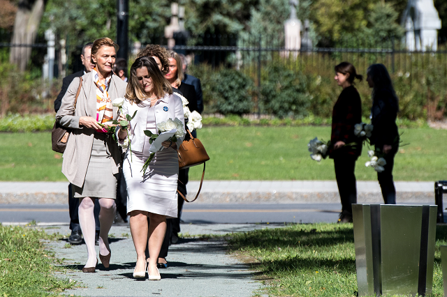 canadian foreign minister chrystia freeland leads other female foreign ministers to commemorate the victims of gender and sexual based violence by remembering the ecole polytechnique massacre in montreal canada photo afp