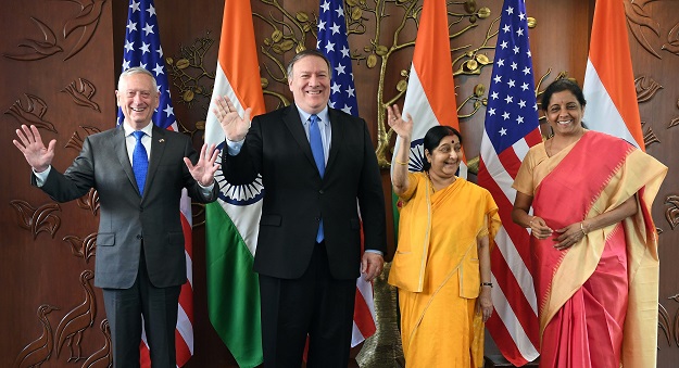 US Secretary of Defense Jim Mattis (L), US Secretary of State Mike Pompeo (2L), Indian Foreign Minister Sushma Swaraj (2R) and Indian Defense Minister Nirmala Sitharaman (R) pose for a photo prior to a meeting in New Delhi on September 6, 2018. - PHOTO: AFP