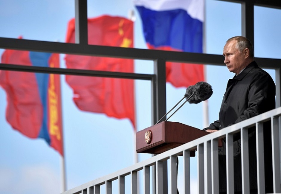 Russia's President Vladimir Putin gives a speech at the parade of the participants of the Vostok-2018
