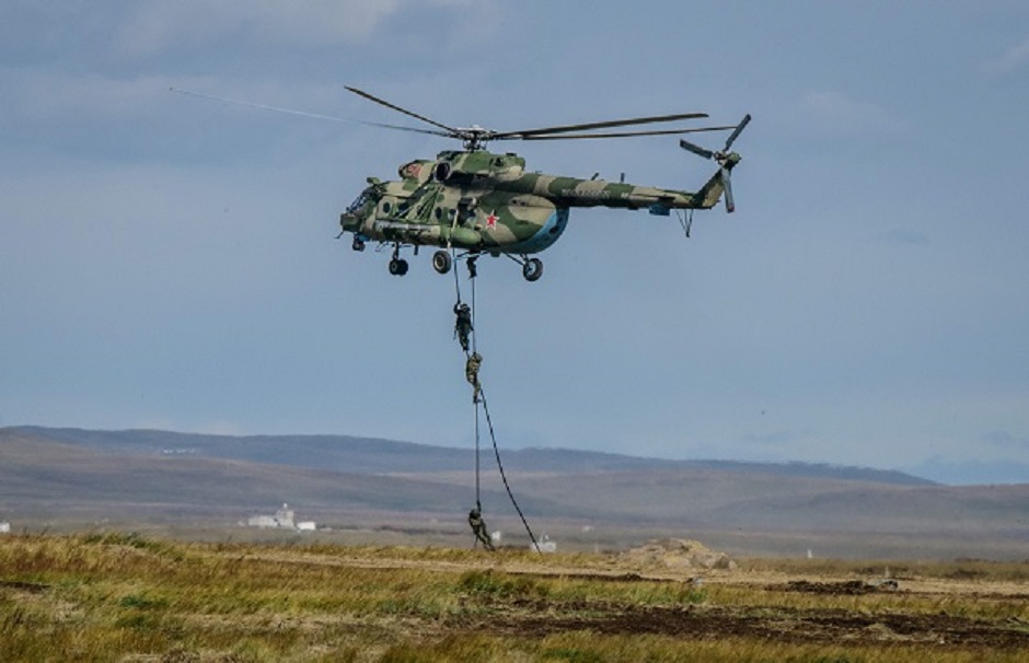 Russian military helicopters participate in the Vostok-2018 (East-2018) military drills at Tsugol training ground PHOTO: AFP