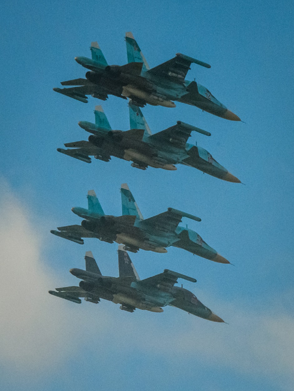 Russian Sukhoi Su-34 fighter-bombers participate in the Vostok-2018 (East-2018) military drills at Tsugol training ground not far from the Chinese and Mongolian border in Siberia PHOTO:AFP