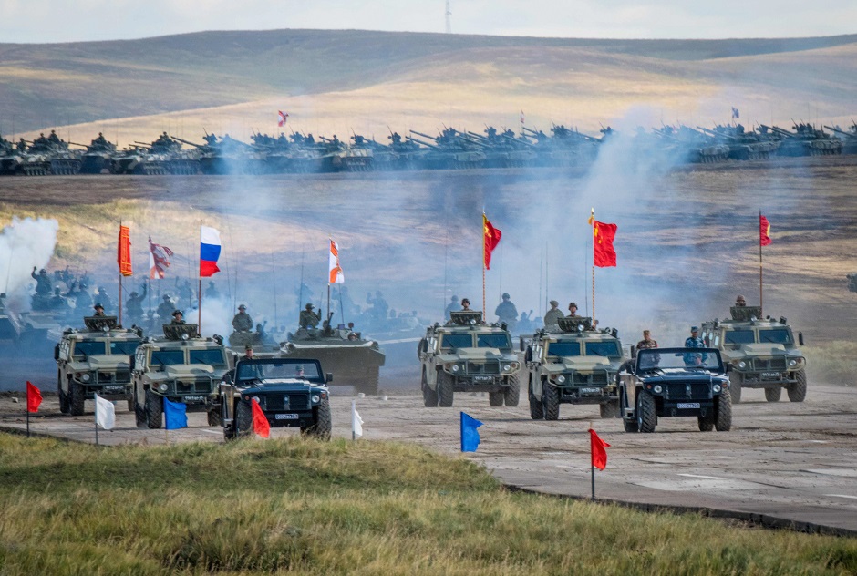 Russian, Chinese and Mongolian troops and military equipment parade at the end of the day of the Vostok-2018 PHOTO: AFP