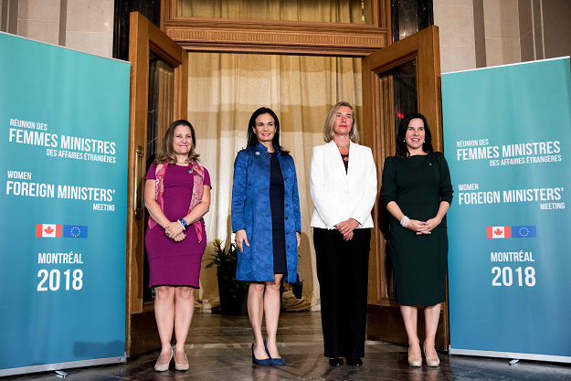 Canadian Foreign Minister Chrystia Freeland, Kenyan Foreign Minister Monica Juma, European Union Foreign Policy Chief Federica Mogherini and Montreal Mayor Valerie Plante pose for pictures during the Women Foreign Ministers' Meeting in Montreal. PHOTO: AFP