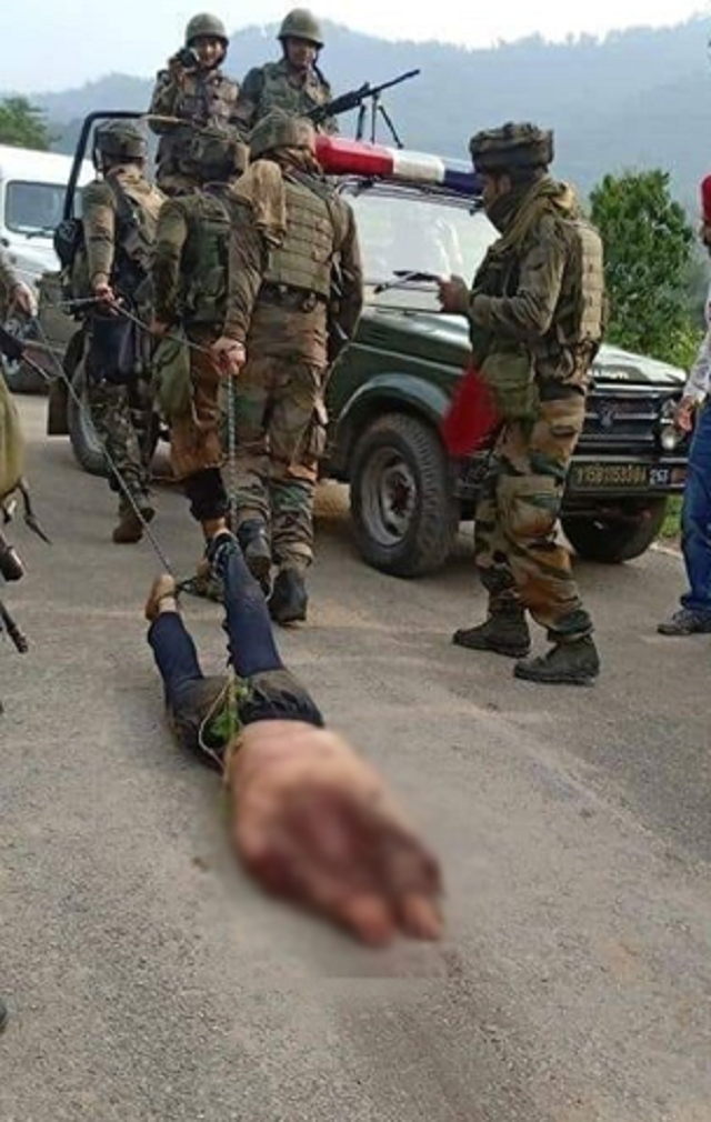 Indian soldiers dragging the body of a Kashmiri freedom fighter in occupied valley. PHOTO: Twitter