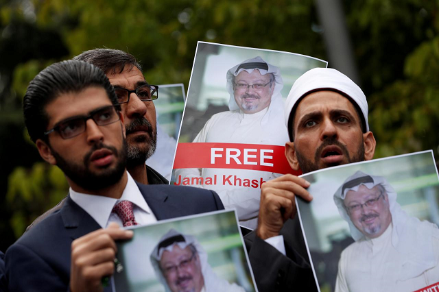 human rights activists and friends of saudi journalist jamal khashoggi hold his pictures during a protest outside the saudi consulate in istanbul turkey october 8 2018 photo reuters