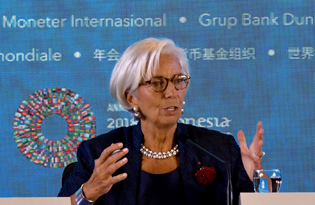 International Monetary Fund chief Christine Lagarde answers a question during her press conference at the International Monetary Fund (IMF) and World Bank annual meetings. PHOTO: AFP
