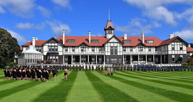 This general view shows the Government House front lawn during an official welcoming ceremony for Britain's Prince Harry and his wife Meghan. PHOTO: AFP