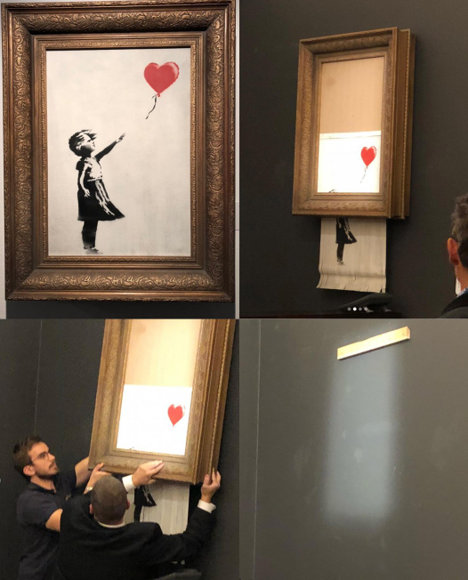 The Banksy painting before and after it shredded. Photo:Twitter@Ekanaut