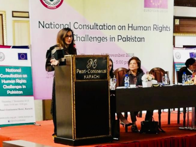 Senator Sherry Rehman speaking at the National consultation on Human Rights and Challenges in Pakistan.