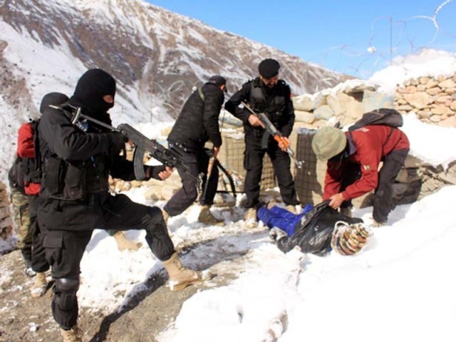Mock exercise was carried out at 9,000 feet height for ensuring protection of foreign tourists. PHOTO: EXPRESS