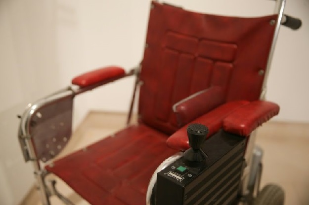 Dr Stephen Hawking's red leather wheelchair used from late 1980s to the mid-1990s-PHOTO AFP 