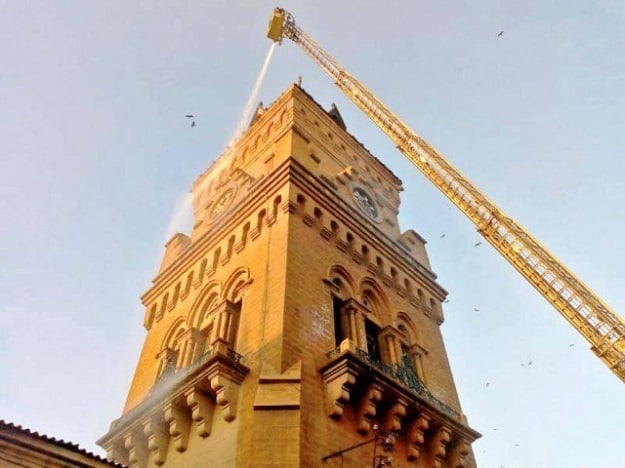 The structure of the historic Empress Market building was washed on Monday with the help of a snorkel. PHOTO: EXPRESS