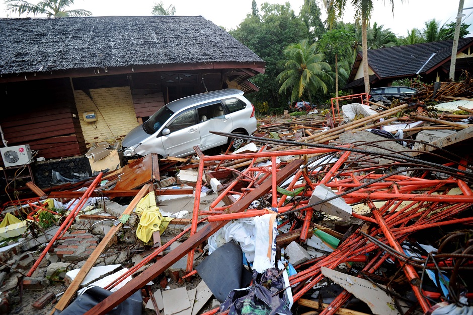 Damaged buildings at the Mutiara Carita Cottages in Carita in Banten province. Photo: AFP