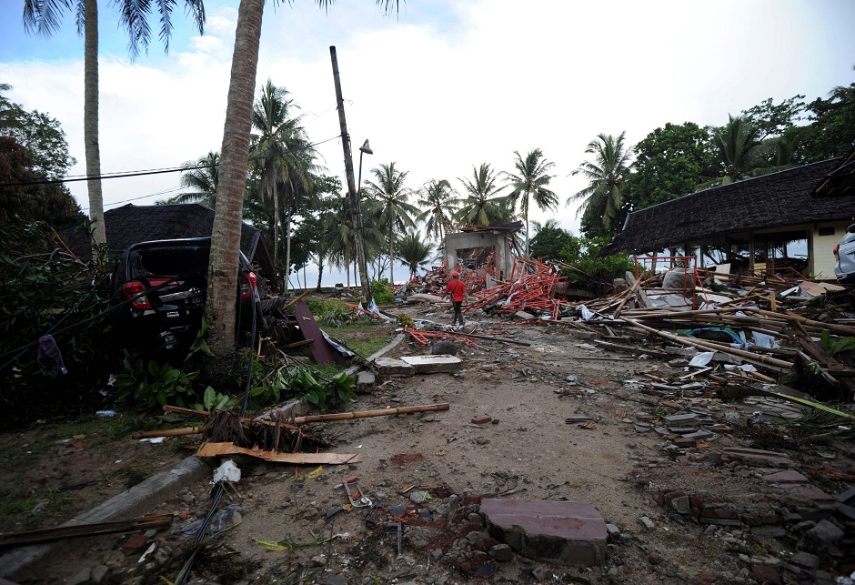 A damaged building at the Mutiara Carita Cottages in Carita in Banten province on December 24, 2018. Photo: AFP
