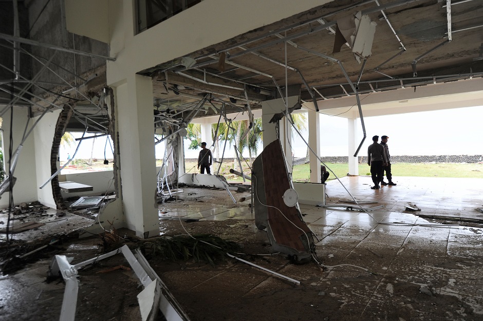 This general view shows a damaged building at the Mutiara Carita Cottages in Carita in Banten province. Photo: AFP