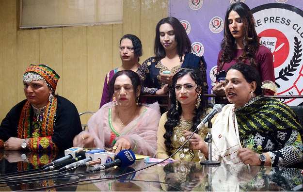 Members of the Transgender community address a press conference demanding implementation of the transgender bill of rights at Lahore press club. PHOTO: ONLINE