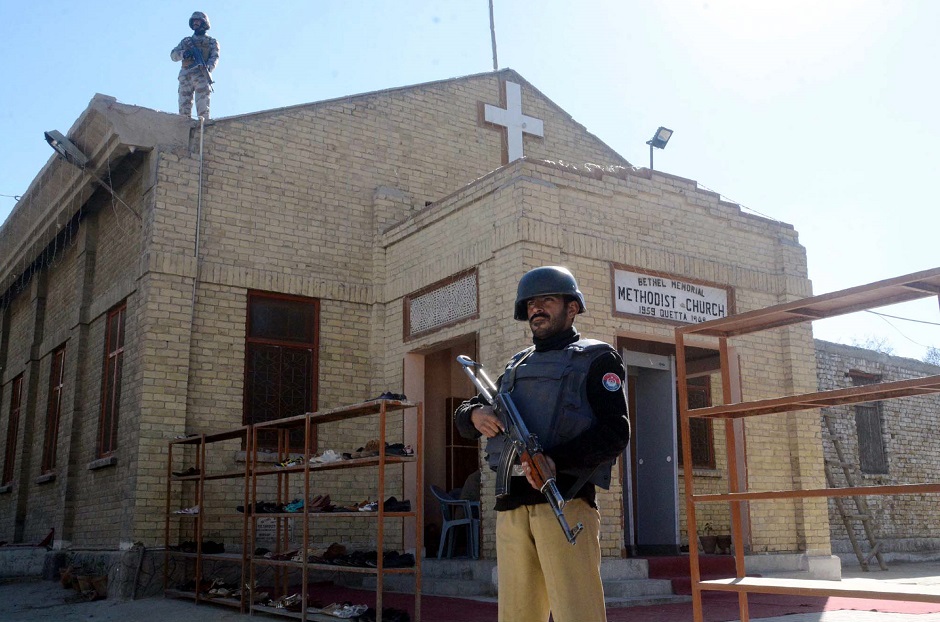 Security officials stand on high alert to avoid any untoward incident at a Methodist Church in Quetta, Baluchistan. PHOTO COURTESY: PPI/IMAGES