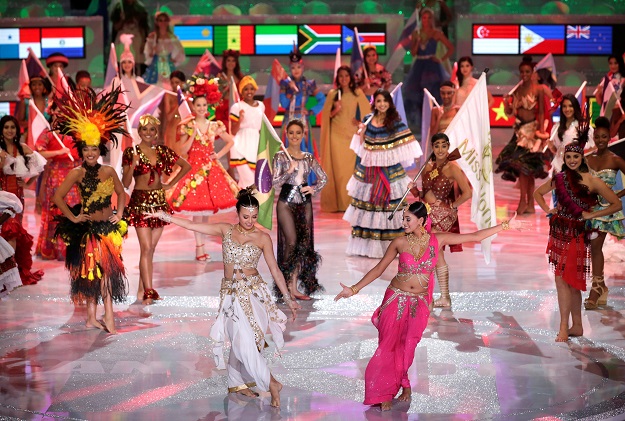 Contestants dance during the 68th Miss World pageant in Sanya, Hainan island, China PHOTO: AFP